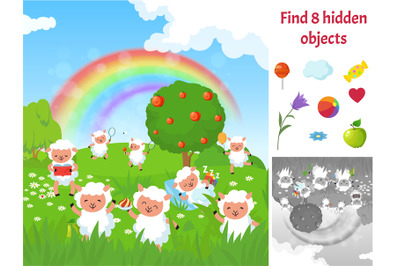 Find hidden objects. Kids puzzle game with sheep on meadow. Fun brain