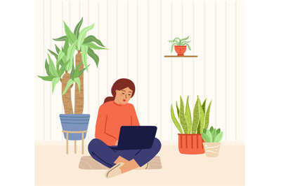 Girl working at home garden. Urban jungle scandinavian interior. Plant