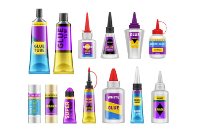 Glue packaging. Glues tubes, realistic adhesive stick and bottle plast