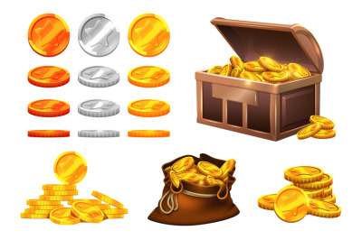 Golden silver coins. Wooden chest coin treasures, bronze gold medals w