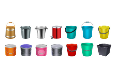 Realistic buckets. Paint packaging&2C; metal bucket. Isolated 3d products