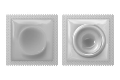 Realistic condom in pack. Latex contraceptive for man penis. Condoms p