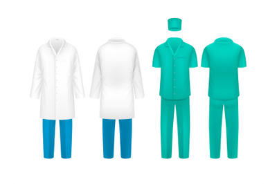 Realistic doctor suit. Nurse doctors uniforms, isolated clinic surgery