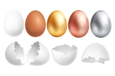 Realistic eggs. White egg and broken shell&2C; golden silver bronze easte