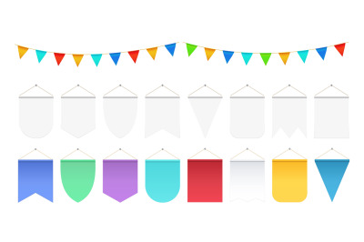 Realistic hanging flags. White pennant mockup, festival party flag ban