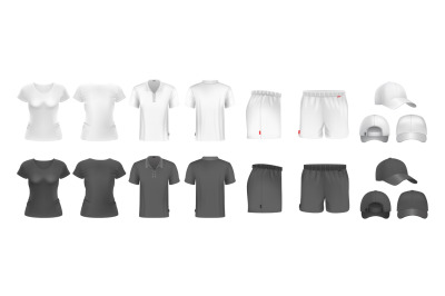 Realistic sport uniform mockup. Male female t-shirt shorts and caps. B
