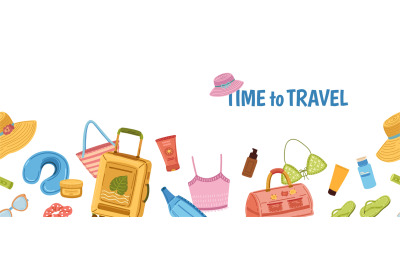 Travel stuff banner. Tourism, tourist luggage and beach bag. Summer va