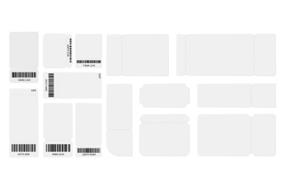 White blank tickets template. Realistic ticket mockup, isolated theate