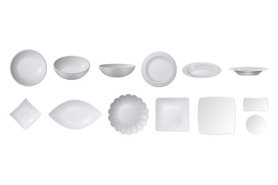 White realistic plates. Top view plate collection, isolated ceramic cr