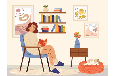 Woman reading book. Scandinavian interior&2C; books read and relaxing. Co