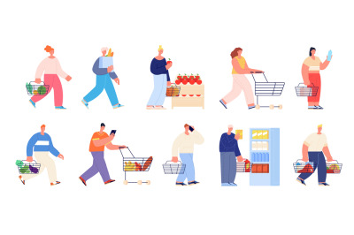 Grocery store characters. Buy in shop, supermarket shopping customers.