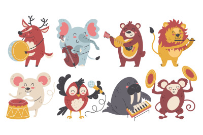 Animals musicians. Kids cartoon characters music band, happy funny ins