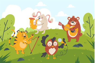 Animals musicians in forest. Funny cartoon characters play orchestra i