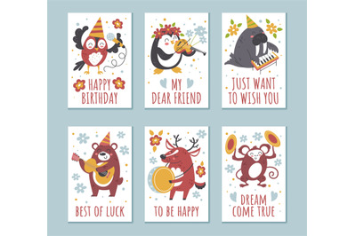 Animals birthday greeting cards. Cartoon characters play different mus