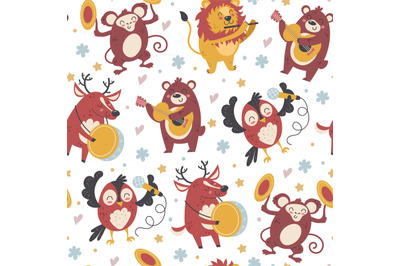 Seamless animals musicians. Funny musical orchestra characters. Forest