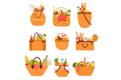 Picnic baskets. Different wicker bags with foods, family and romantic