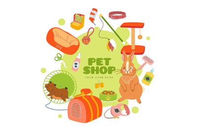 Pet shop products. Domestic animals care tools. Zoomarket elements. Ve