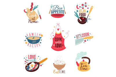 Cooking labels. Kitchen culinary design stickers with inscription text