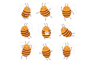 Cartoon bee. Cute funny honeybee characters, different poses and posit