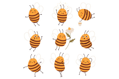 Cute honeybee. Funny honey getters characters in various states and po