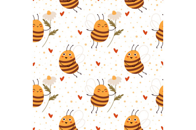 Seamless cute bee. Cartoon background with honeybee characters. Little