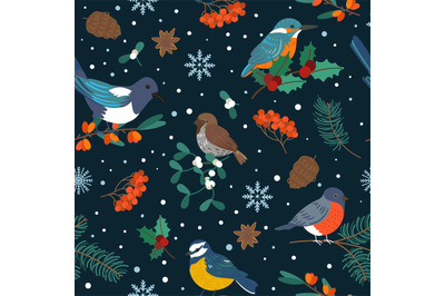 Seamless birds pattern. Magpie, bullfinch and kingfisher on different