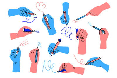 Writing hands. Colorful human hand hold pencil, pen and brush. Doodle