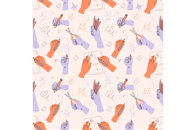 Seamless human hands pattern. Arms hold various stationery. Persons wr