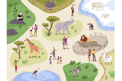 Zoo map. Animals safari park plan. Fenced enclosures with lion, llama