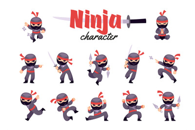 Cartoon ninja character. Japanese warrior in dark suit and mask, diffe