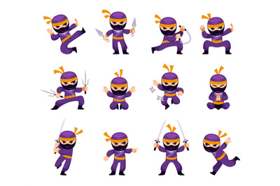 Cartoon ninja. Man in different action and combat poses karate. Japane