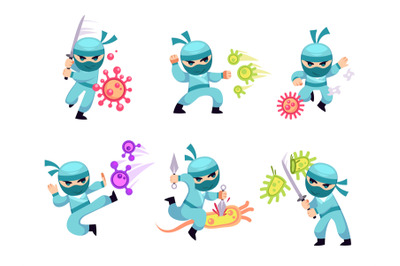 Ninja doctor fight virus. Medical character against microbes. Health w