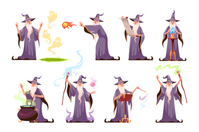 Magic character. Cartoon wizard performs various magical actions. Sorc