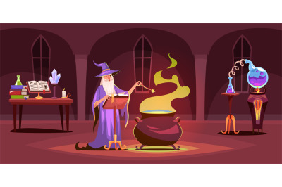 Wizard castle. Magical laboratory interior. Sorcerer brews magic potio