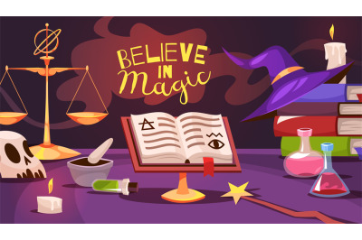 Magic tools poster. Cartoon alchemist table with different objects. Wi