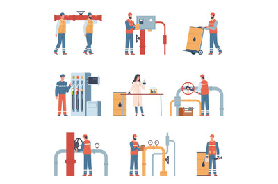 Oil industry workers. Gas and petroleum workers characters. Profession