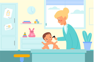 Kid pediatrician examination. Nurse examines baby ears. Doctor with li