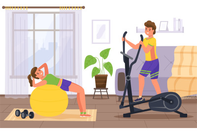 Couple sports at home. Fitness workout in room. Partners doing exercis