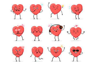 Cartoon heart character. Cute love symbols with faces different poses&2C;