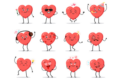 Cute heart characters. Funny love signs mascots in different poses. Po