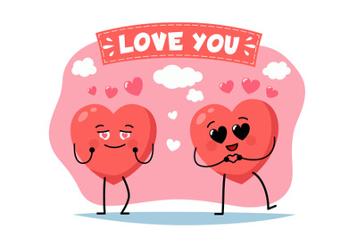 Cute heart character poster. Cartoon love symbols characters&2C; romantic