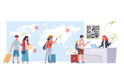 Health passport people. Travelers with luggage at control, scanning QR