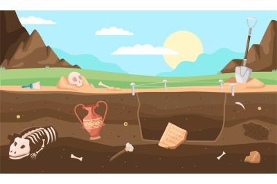 Archeology soil layers. Ancient bones in depths of earth, excavation a