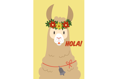 Alpaca saying hello in spanish. Hola card. Cute llama greeting