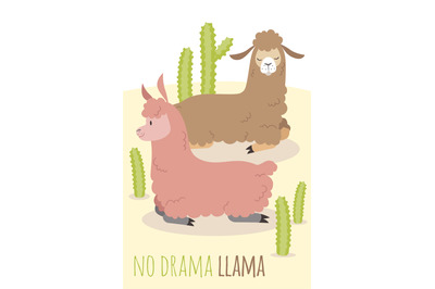 No drama llama card. Relaxing alpaca lying in desert. Cute cactus scen