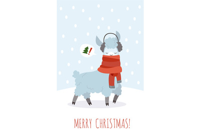 Winter alpaca on Merry Christmas card. Happy holiday from cute llama