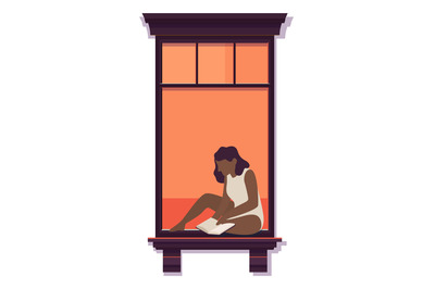 Open window with woman reading on windowsill. Neighbor apartment in ca