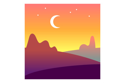 Twilight landscape. Moon crescent in light evening sky