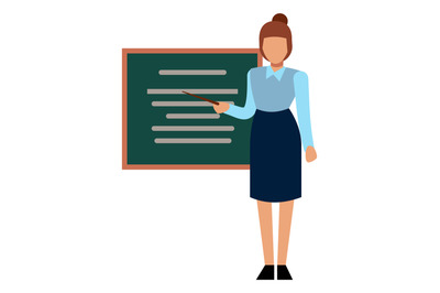 Teacher icon. Woman standing beside blackboard with stick