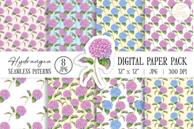 Hydrangea Digital Paper Pack. Watercolor Floral Seamless Patterns